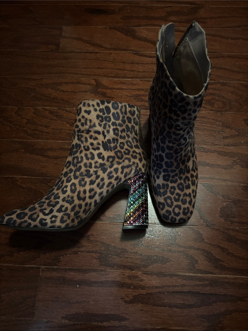 Betsey Johnson Leopard Print Ankle Boots with Multicolor Rhinestone Block Heel